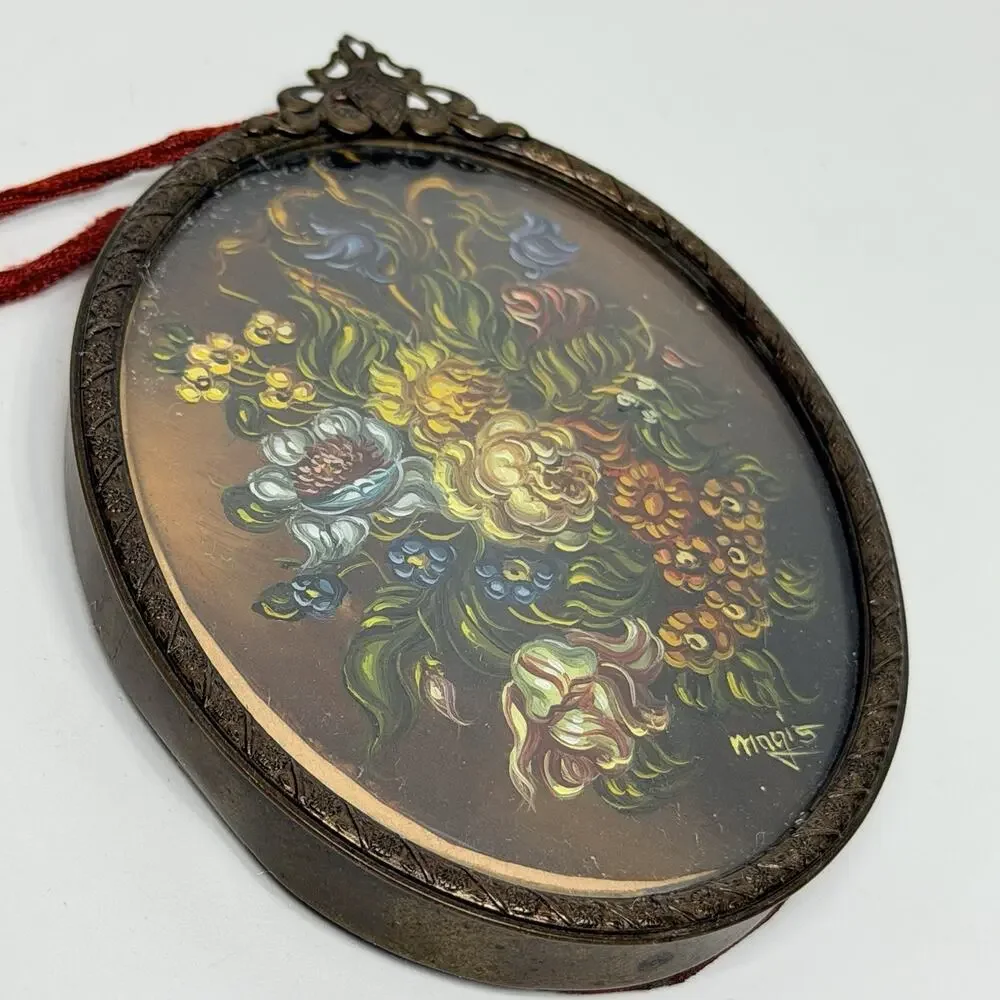 Mini Vtg Brass Victorian Oval Ornate Frame Convex Glass Italy Floral Painting 4